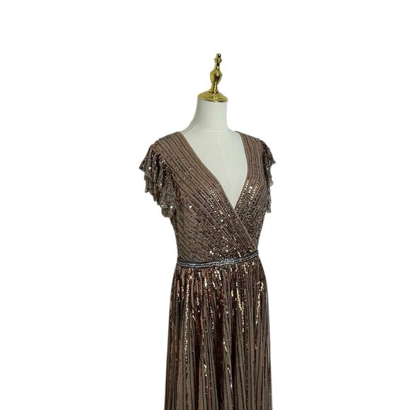 Mac Duggal 5502 Copper Sequin Wrap Gown Ruffled Cap Sleeve Long Gown Size 8 $698 - Picture 7 of 10